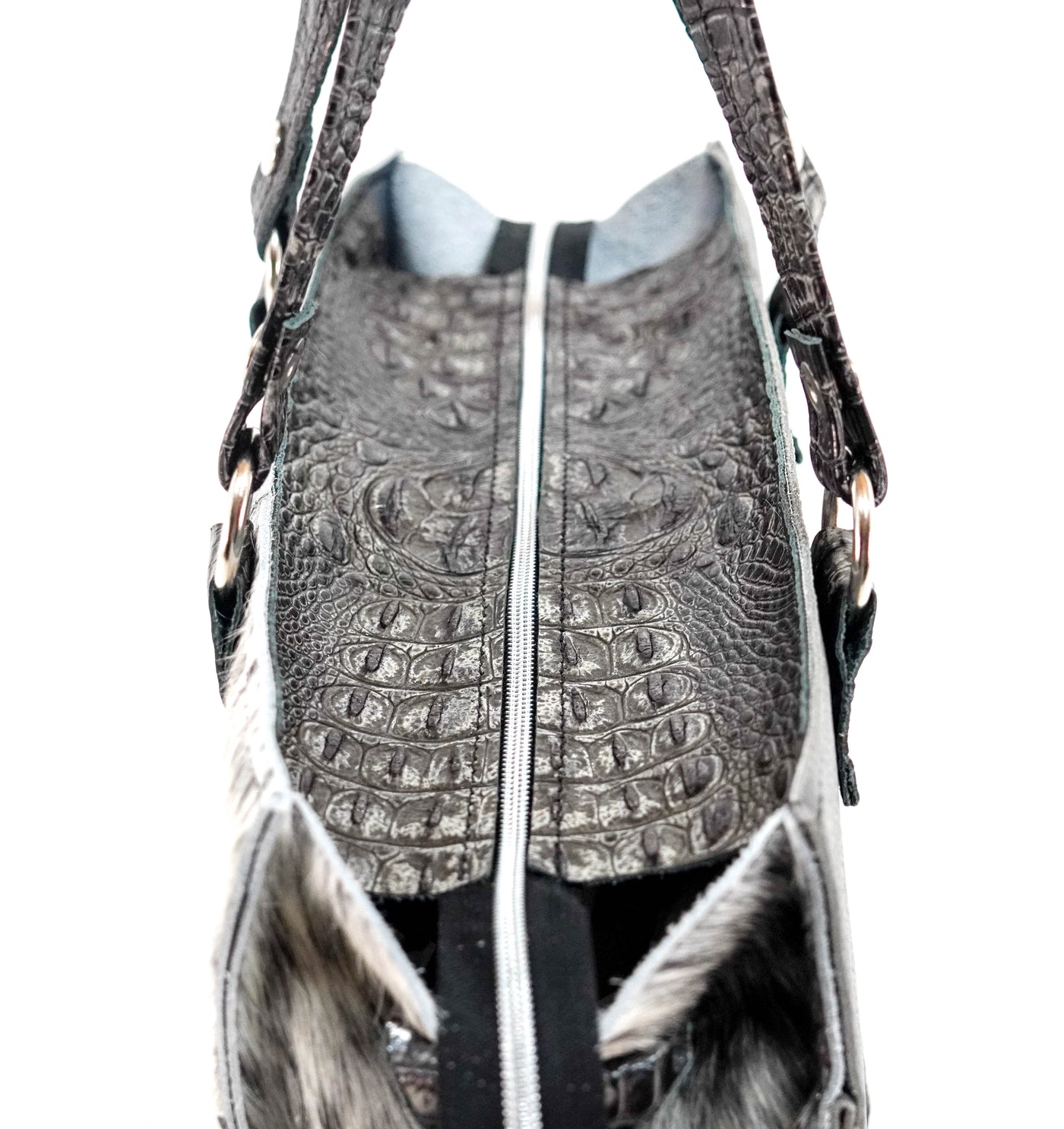Clerk - Black & White w/ Smoke Show Croc-Clerk-Western-Cowhide-Bags-Handmade-Products-Gifts-Dancing Cactus Designs