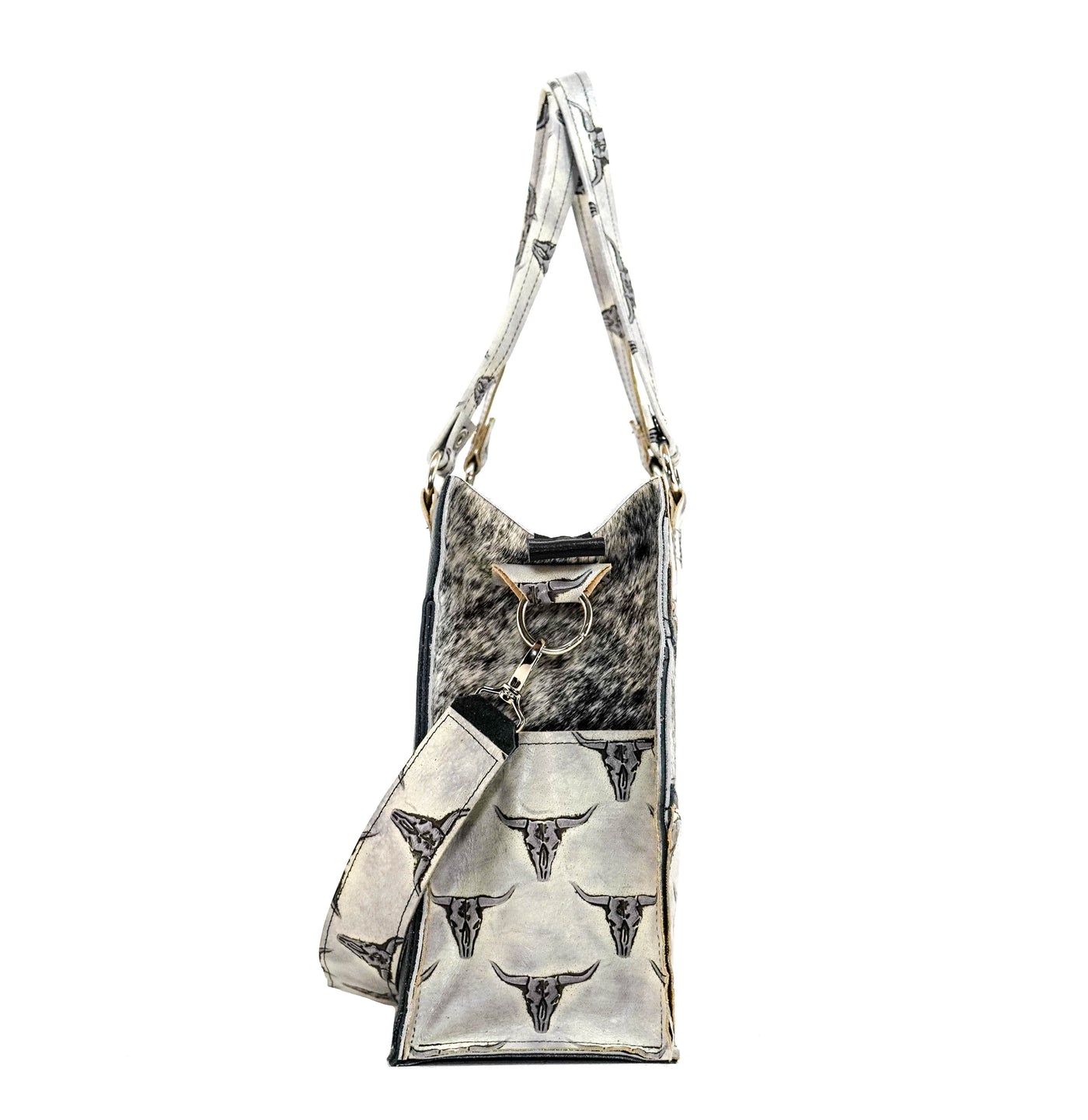 Clerk - Black & White w/ Smoke Show Skulls-Clerk-Western-Cowhide-Bags-Handmade-Products-Gifts-Dancing Cactus Designs