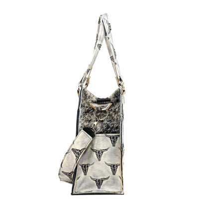 Clerk - Black & White w/ Smoke Show Skulls-Clerk-Western-Cowhide-Bags-Handmade-Products-Gifts-Dancing Cactus Designs
