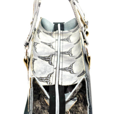 Clerk - Black & White w/ Smoke Show Skulls-Clerk-Western-Cowhide-Bags-Handmade-Products-Gifts-Dancing Cactus Designs