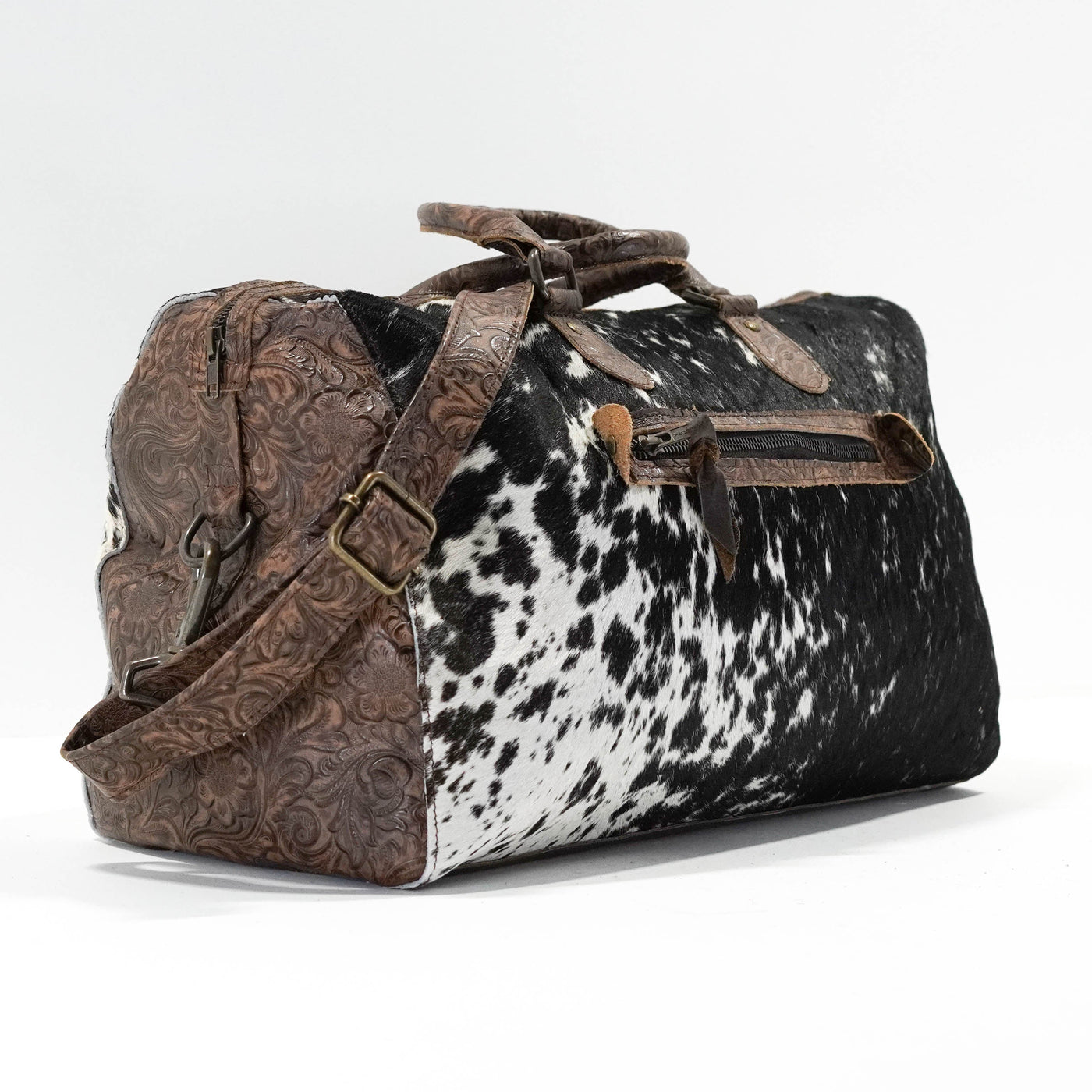 Duffel - Black & White w/ Mocha Wildflower-Duffel-Western-Cowhide-Bags-Handmade-Products-Gifts-Dancing Cactus Designs