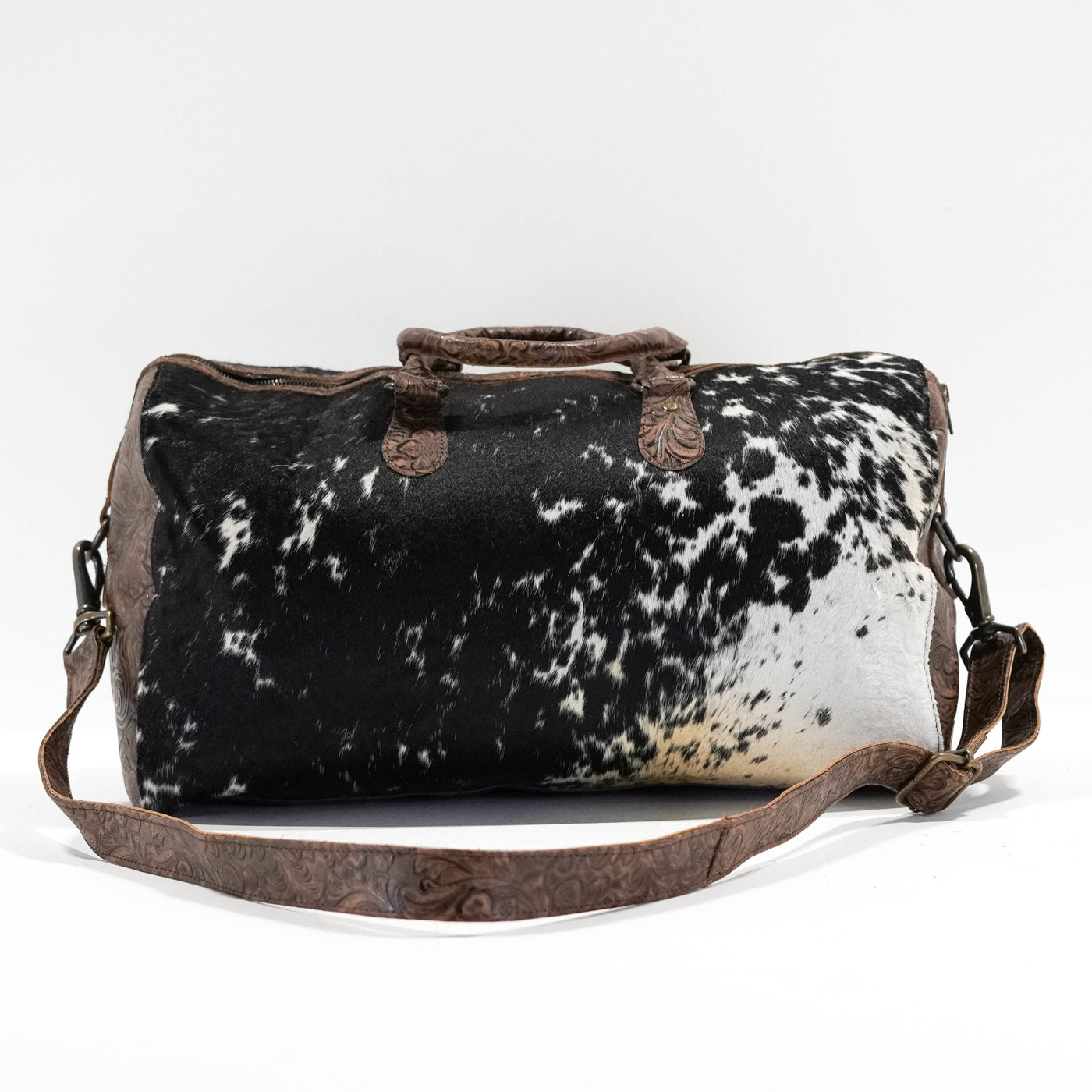 Duffel - Black & White w/ Mocha Wildflower-Duffel-Western-Cowhide-Bags-Handmade-Products-Gifts-Dancing Cactus Designs