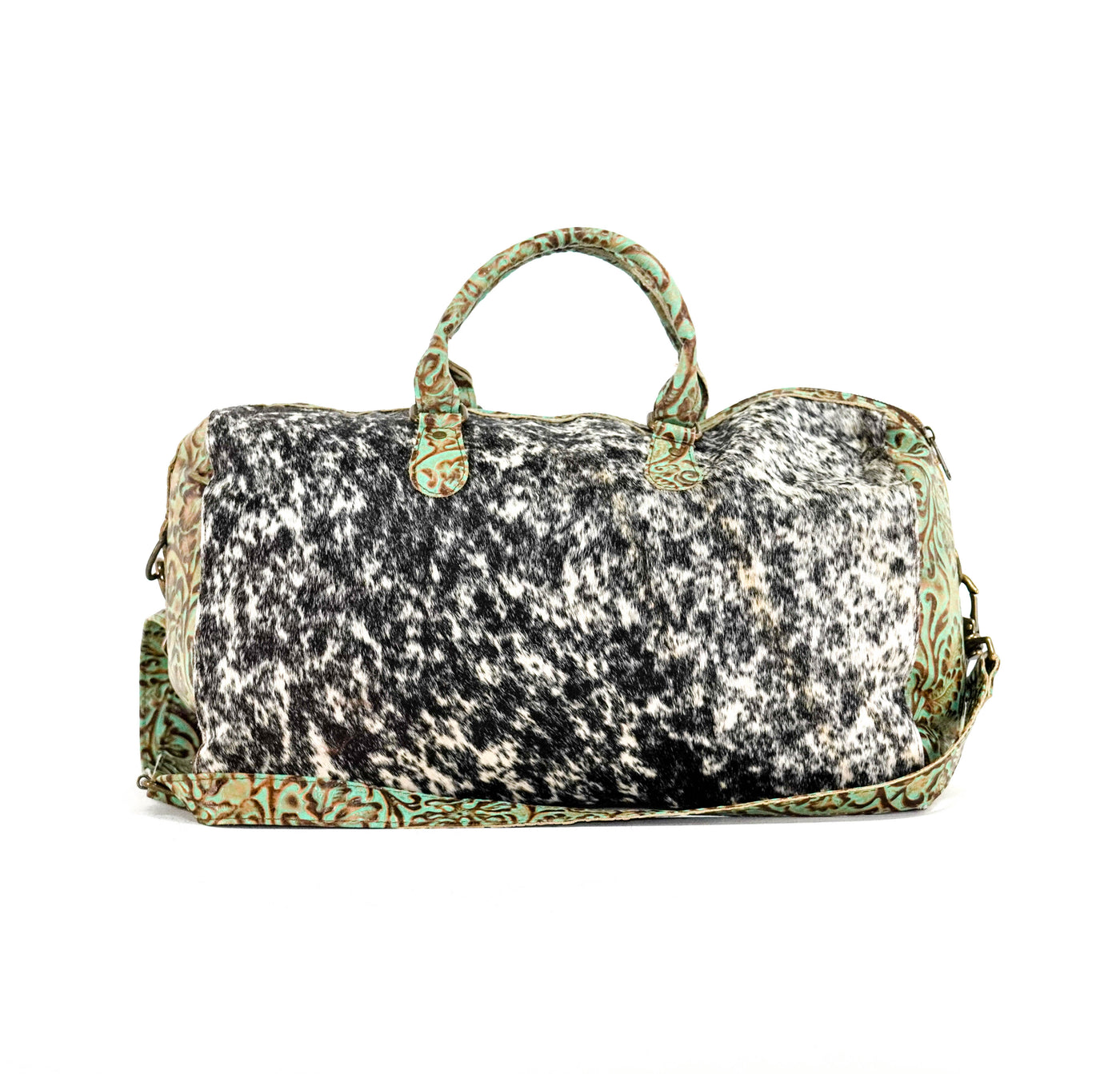 Duffel - Black & White w/ Turquoise tool-Duffel-Western-Cowhide-Bags-Handmade-Products-Gifts-Dancing Cactus Designs