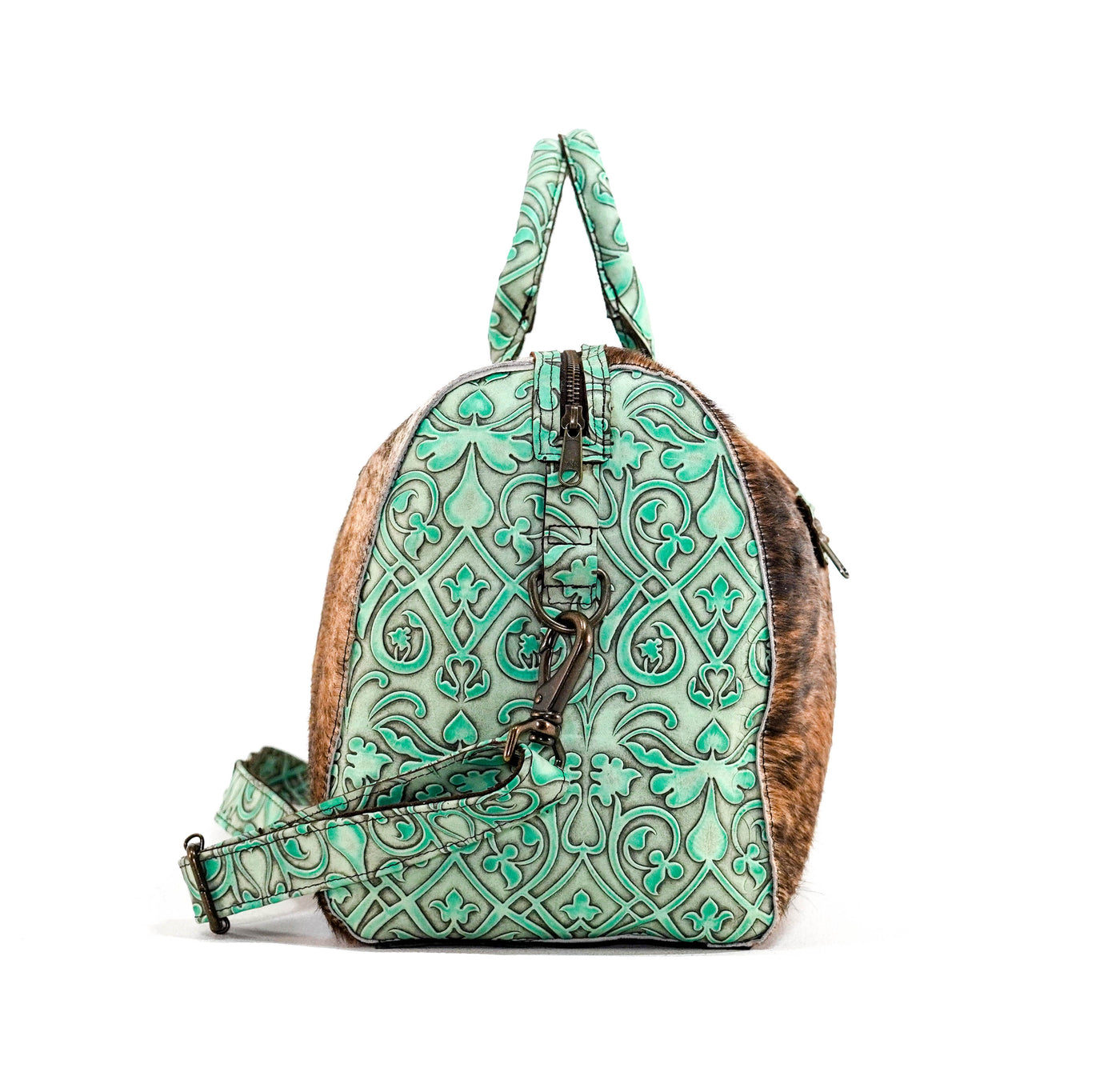 Duffel - Brindle w/ Mint Black Jack-Duffel-Western-Cowhide-Bags-Handmade-Products-Gifts-Dancing Cactus Designs