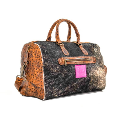 Duffel - Brindle w/ Ostrich-Duffel-Western-Cowhide-Bags-Handmade-Products-Gifts-Dancing Cactus Designs