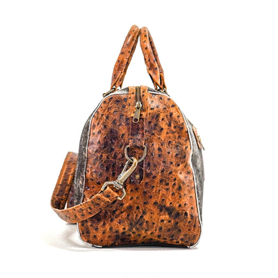 Duffel - Brindle w/ Ostrich-Duffel-Western-Cowhide-Bags-Handmade-Products-Gifts-Dancing Cactus Designs