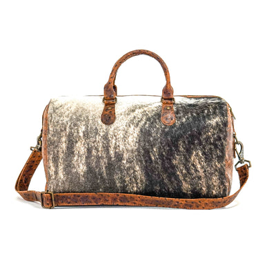 Duffel - Brindle w/ Ostrich-Duffel-Western-Cowhide-Bags-Handmade-Products-Gifts-Dancing Cactus Designs