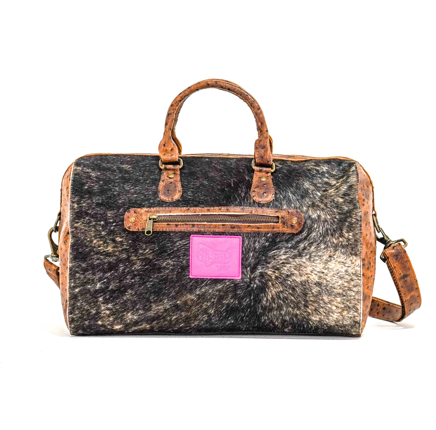 Duffel - Brindle w/ Ostrich-Duffel-Western-Cowhide-Bags-Handmade-Products-Gifts-Dancing Cactus Designs