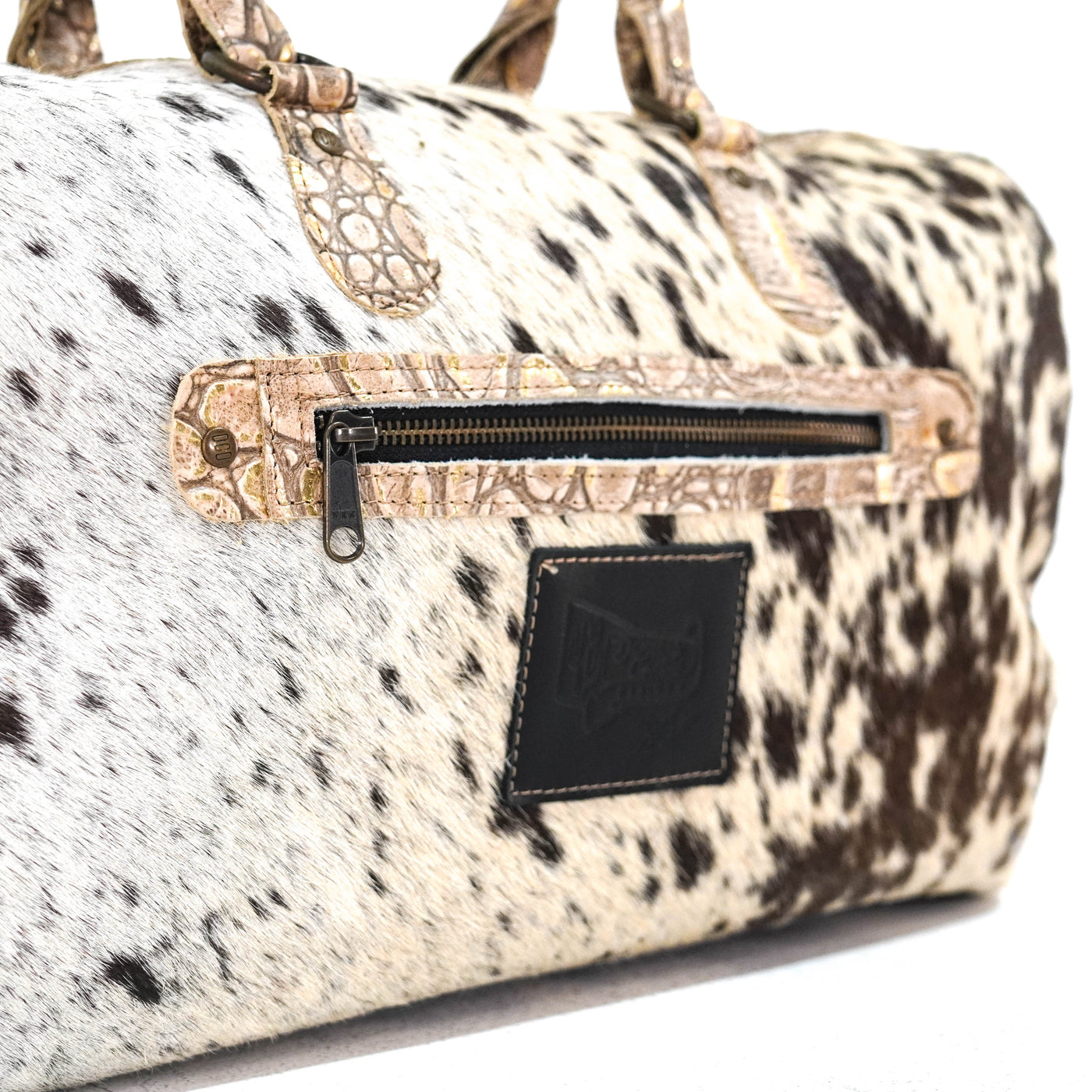 Duffel - Chocolate & White w/ Ivory Jumbo Croc-Duffel-Western-Cowhide-Bags-Handmade-Products-Gifts-Dancing Cactus Designs