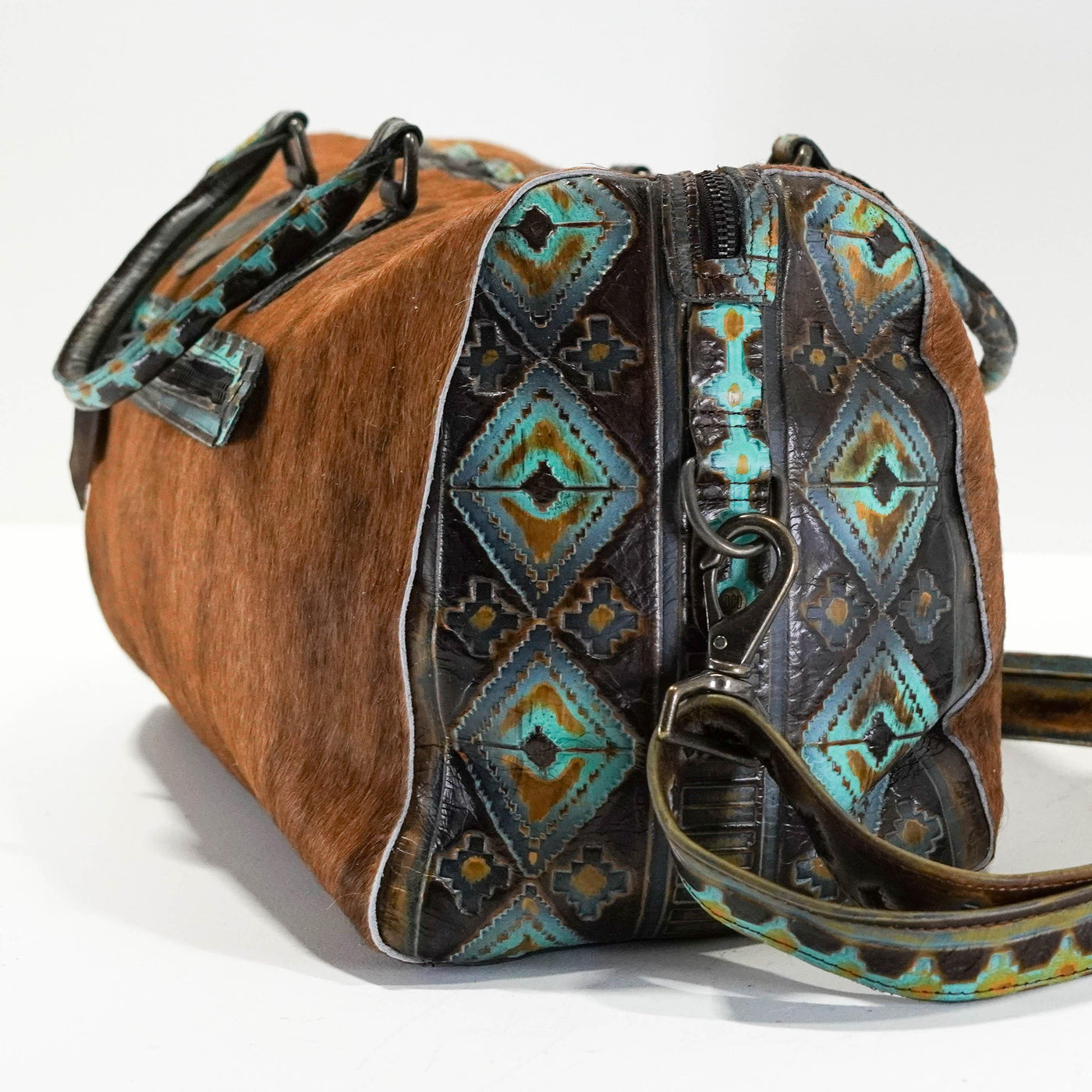 Duffel - Red Brindle w/ Midnight Navajo-Duffel-Western-Cowhide-Bags-Handmade-Products-Gifts-Dancing Cactus Designs