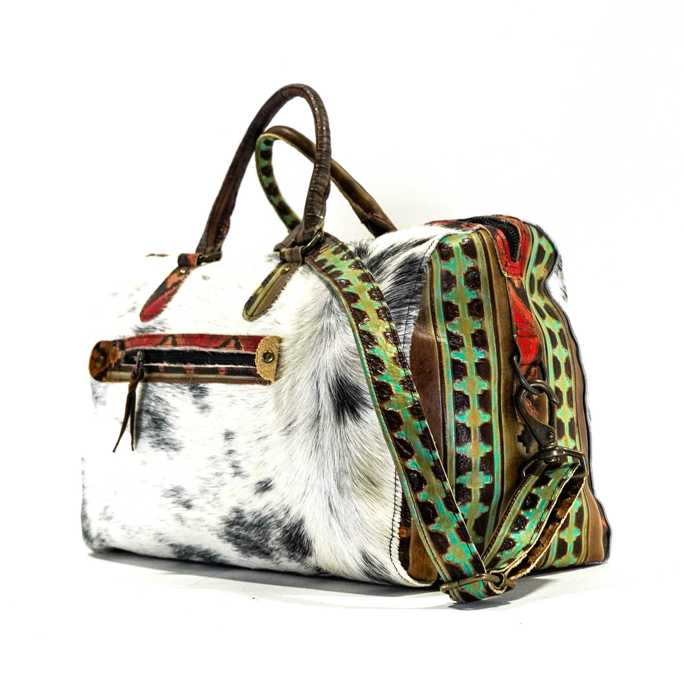 Duffel - Salt/Pepper w/ Santa Fe Navajo-Duffel-Western-Cowhide-Bags-Handmade-Products-Gifts-Dancing Cactus Designs