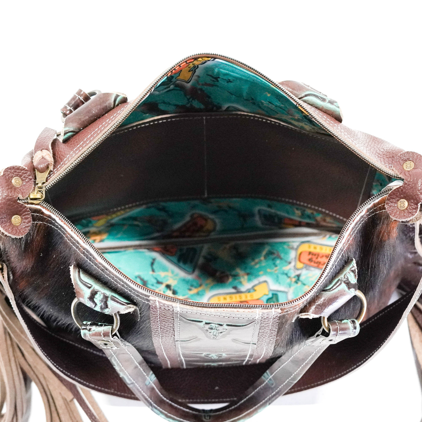 Fancy Oakley - Dark Brindle w/ Mint Chocolate Skulls-Fancy Oakley-Western-Cowhide-Bags-Handmade-Products-Gifts-Dancing Cactus Designs