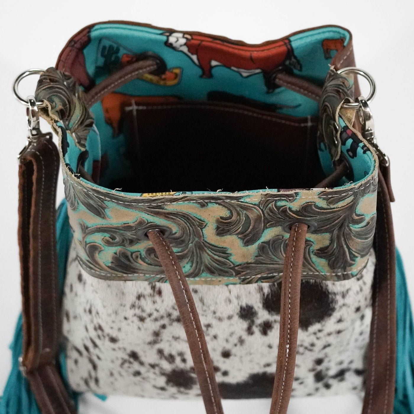 Gabby - Chocolate & White w/ Turquoise Vinyard-Gabby-Western-Cowhide-Bags-Handmade-Products-Gifts-Dancing Cactus Designs