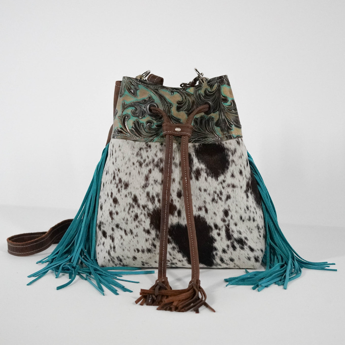 Gabby - Chocolate & White w/ Turquoise Vinyard-Gabby-Western-Cowhide-Bags-Handmade-Products-Gifts-Dancing Cactus Designs