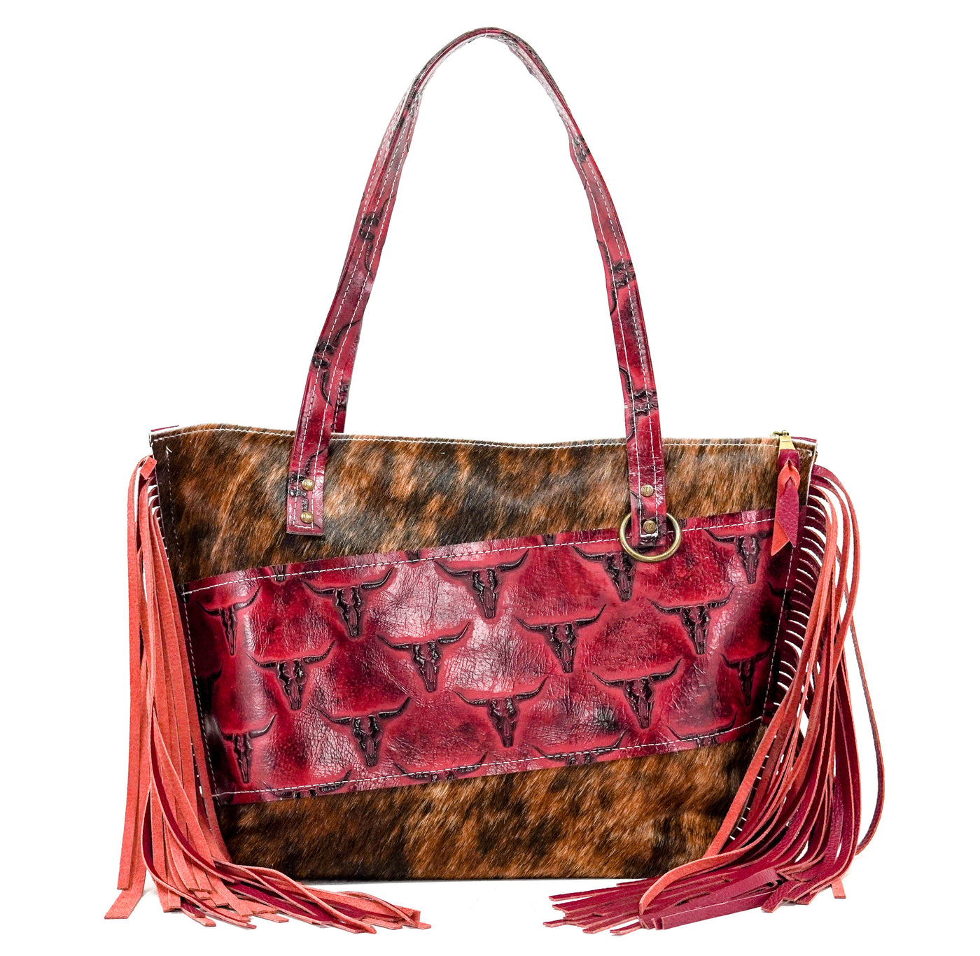 June - Brindle w/ Red Skulls-June-Western-Cowhide-Bags-Handmade-Products-Gifts-Dancing Cactus Designs