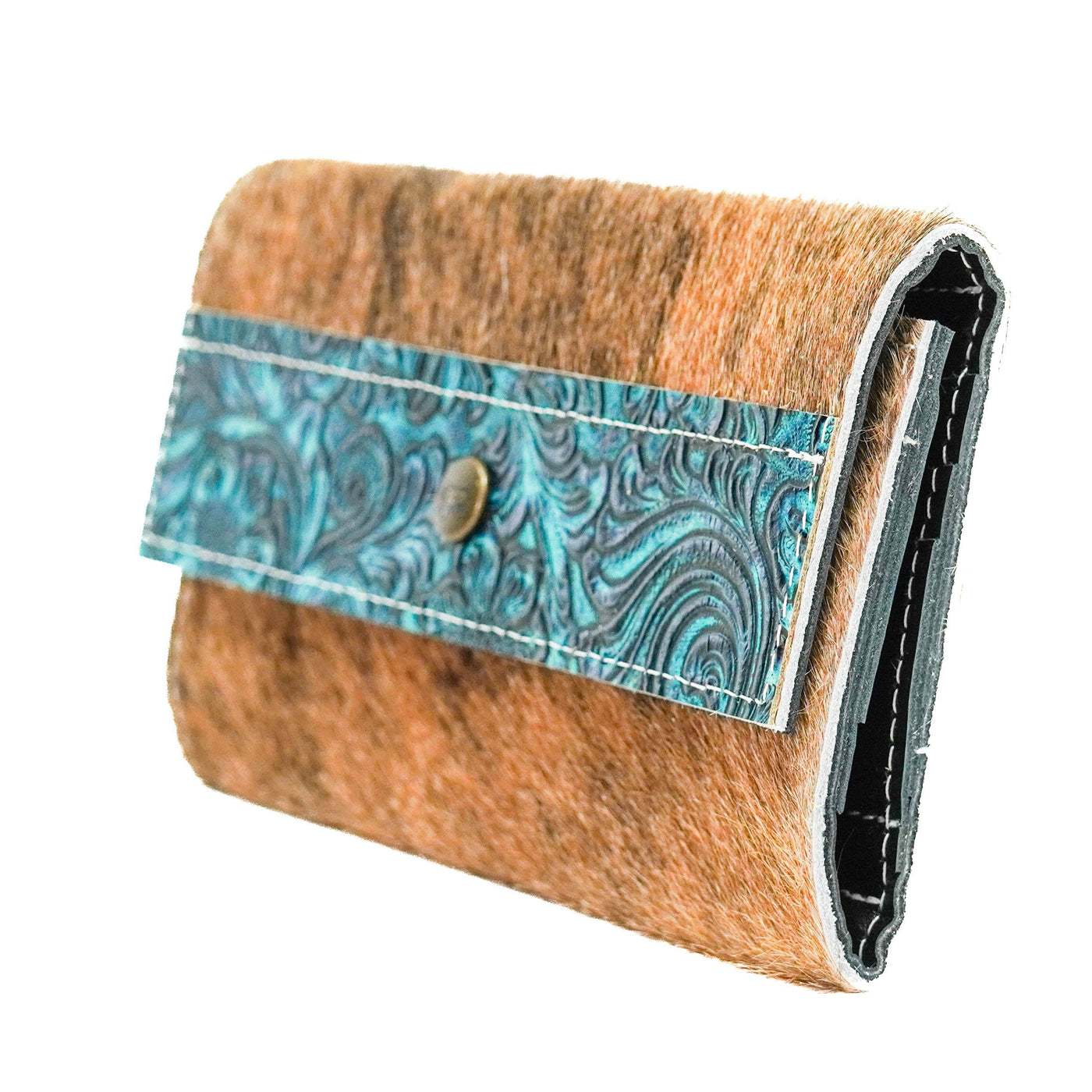 Kacey Wallet - Brindle w/ Turquoise Wildflower Tool-Kacey Wallet-Western-Cowhide-Bags-Handmade-Products-Gifts-Dancing Cactus Designs