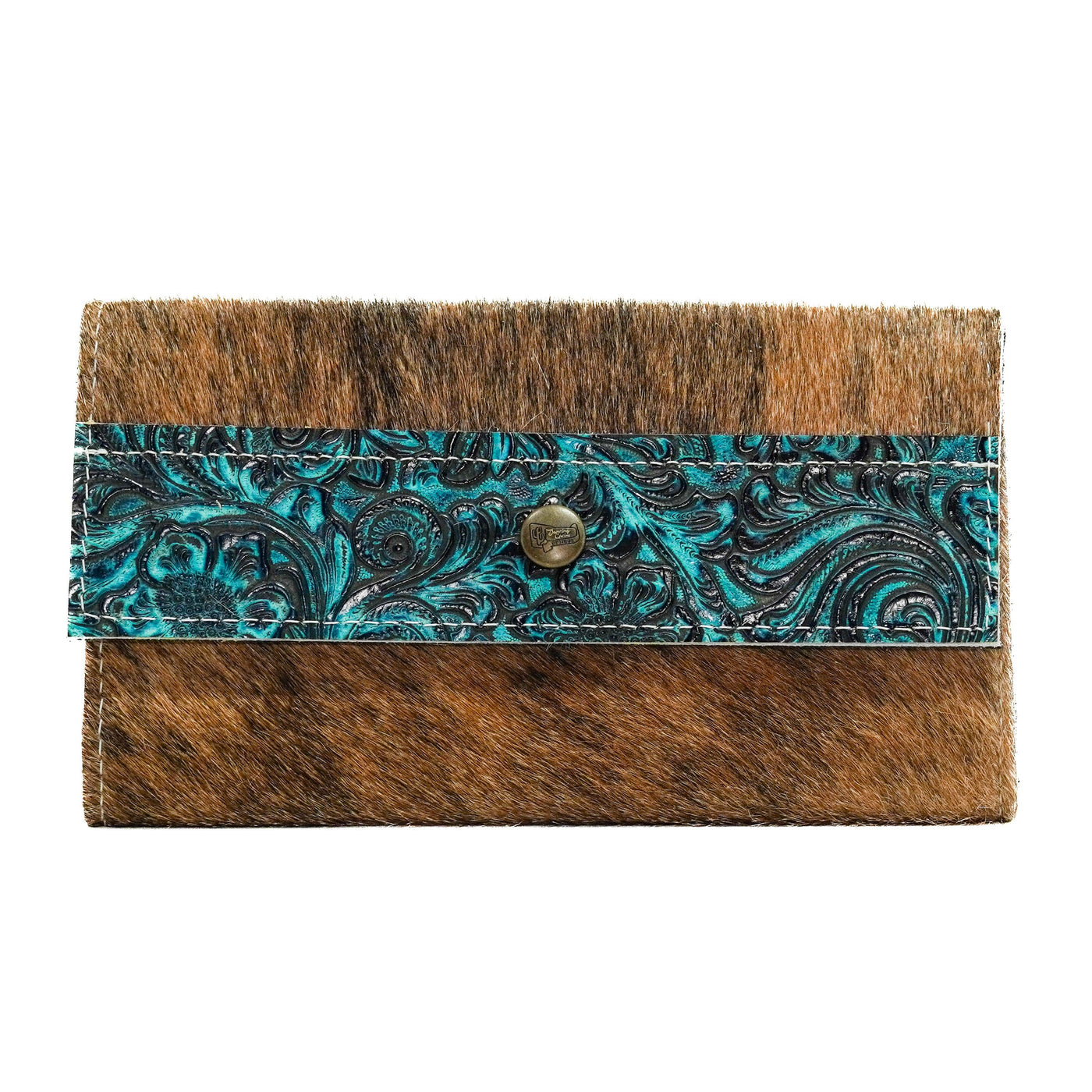 Kacey Wallet - Brindle w/ Turquoise Wildflower Tool-Kacey Wallet-Western-Cowhide-Bags-Handmade-Products-Gifts-Dancing Cactus Designs