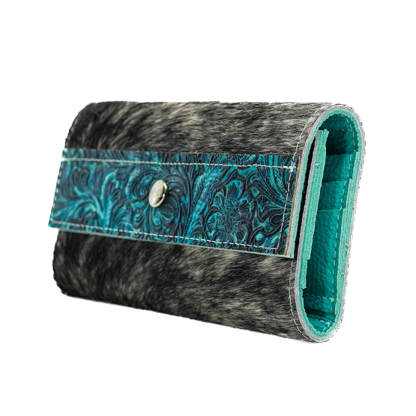 Kacey Wallet - Salt/Pepper w/ Turquoise Wildflower Tool-Kacey Wallet-Western-Cowhide-Bags-Handmade-Products-Gifts-Dancing Cactus Designs