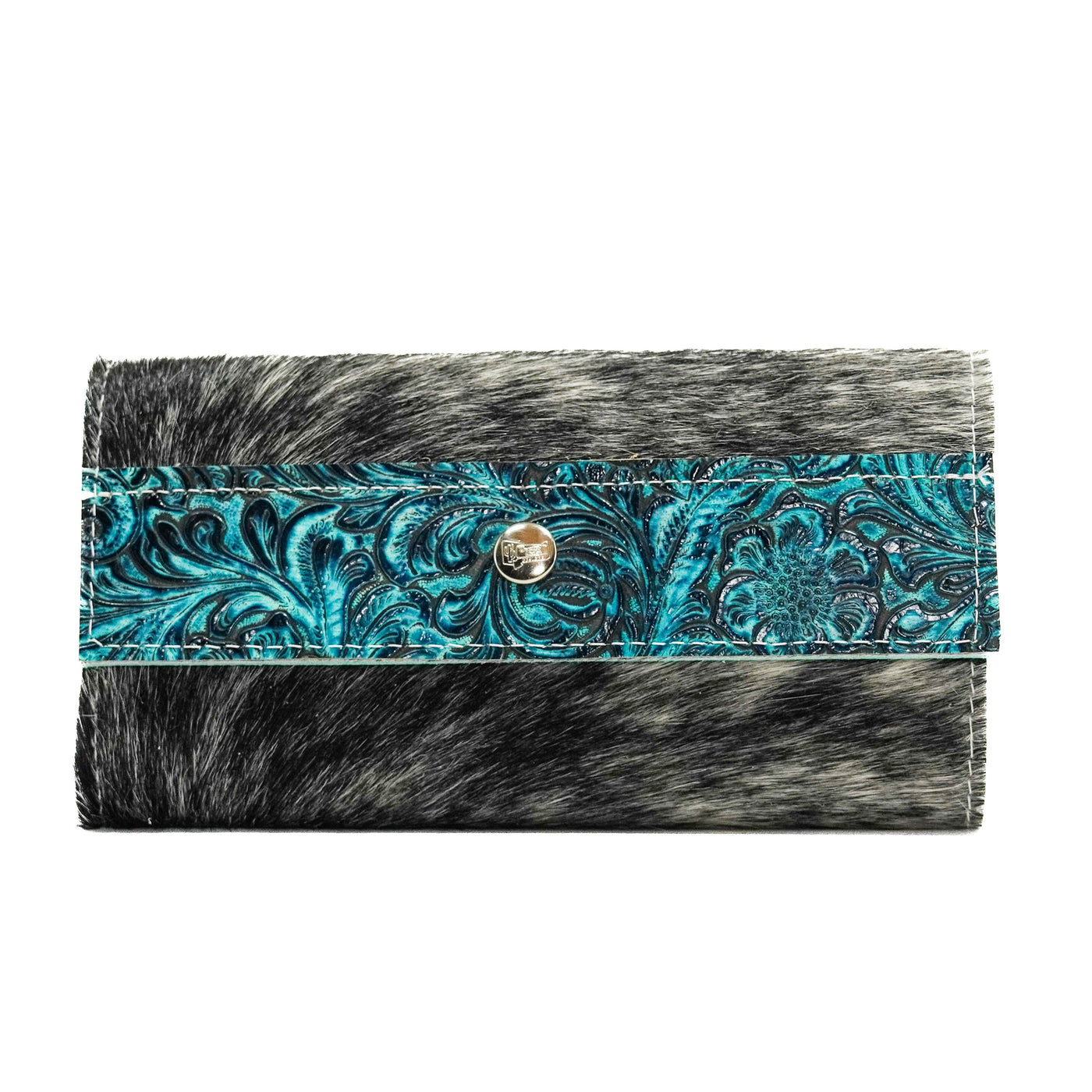 Kacey Wallet - Salt/Pepper w/ Turquoise Wildflower Tool-Kacey Wallet-Western-Cowhide-Bags-Handmade-Products-Gifts-Dancing Cactus Designs