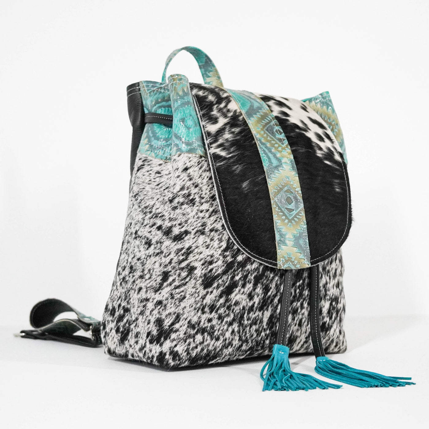 Kelsea Backpack - Black & White w/ Canyon Aztec-Kelsea Backpack-Western-Cowhide-Bags-Handmade-Products-Gifts-Dancing Cactus Designs