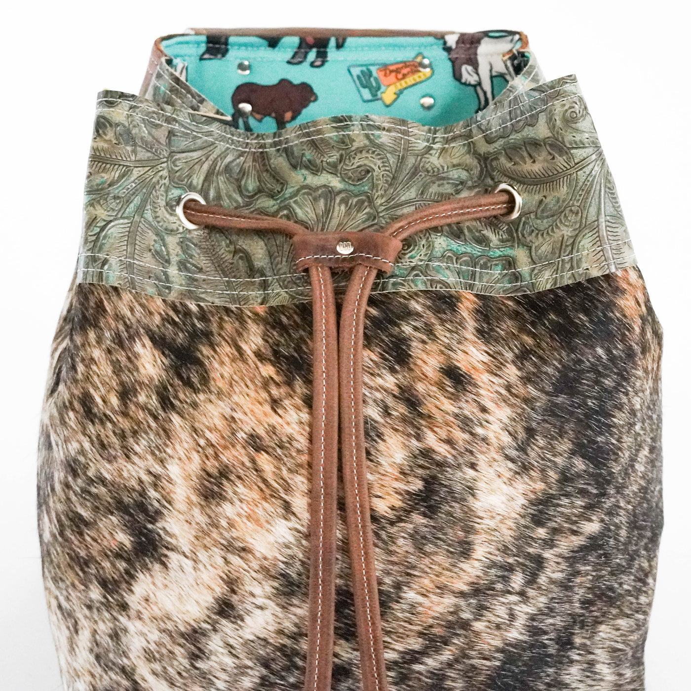 Kelsea Backpack - Brindle w/ Turquoise Autumn-Kelsea Backpack-Western-Cowhide-Bags-Handmade-Products-Gifts-Dancing Cactus Designs