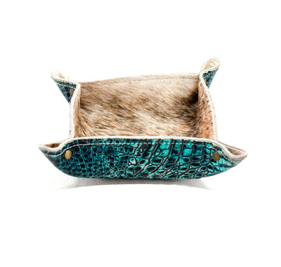Mini Tray - Brindle w/ Aqua Croc-Mini Tray-Western-Cowhide-Bags-Handmade-Products-Gifts-Dancing Cactus Designs