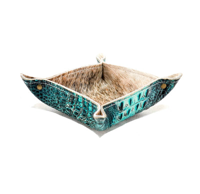 Mini Tray - Brindle w/ Aqua Croc-Mini Tray-Western-Cowhide-Bags-Handmade-Products-Gifts-Dancing Cactus Designs
