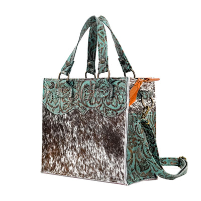 Minnie Pearl - Chocolate & White w/ Lagoon tool-Minnie Pearl-Western-Cowhide-Bags-Handmade-Products-Gifts-Dancing Cactus Designs