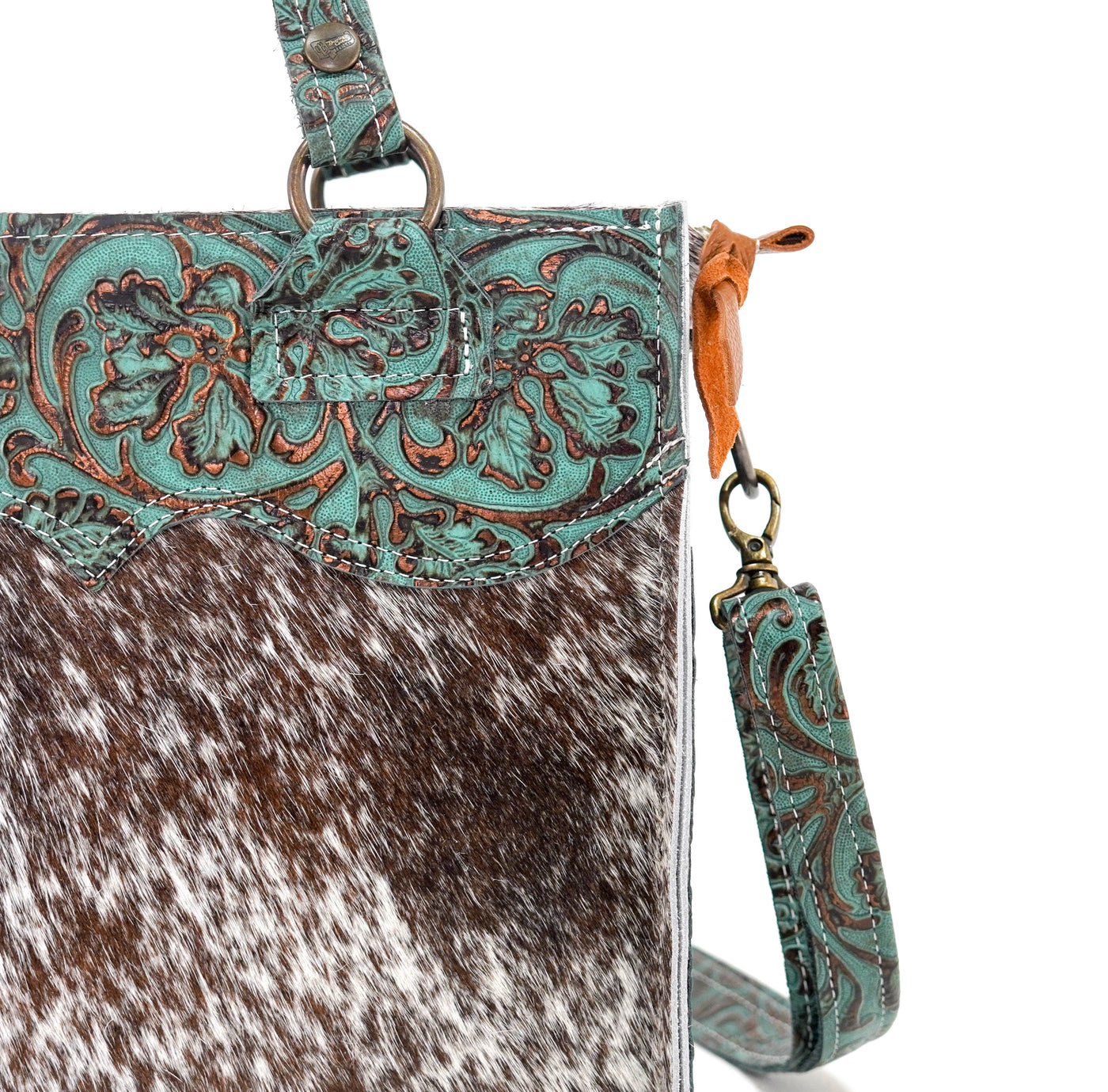 Minnie Pearl - Chocolate & White w/ Lagoon tool-Minnie Pearl-Western-Cowhide-Bags-Handmade-Products-Gifts-Dancing Cactus Designs
