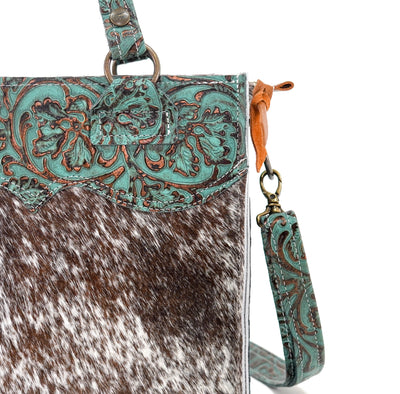 Minnie Pearl - Chocolate & White w/ Lagoon tool-Minnie Pearl-Western-Cowhide-Bags-Handmade-Products-Gifts-Dancing Cactus Designs