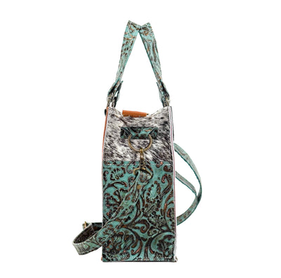 Minnie Pearl - Chocolate & White w/ Lagoon tool-Minnie Pearl-Western-Cowhide-Bags-Handmade-Products-Gifts-Dancing Cactus Designs