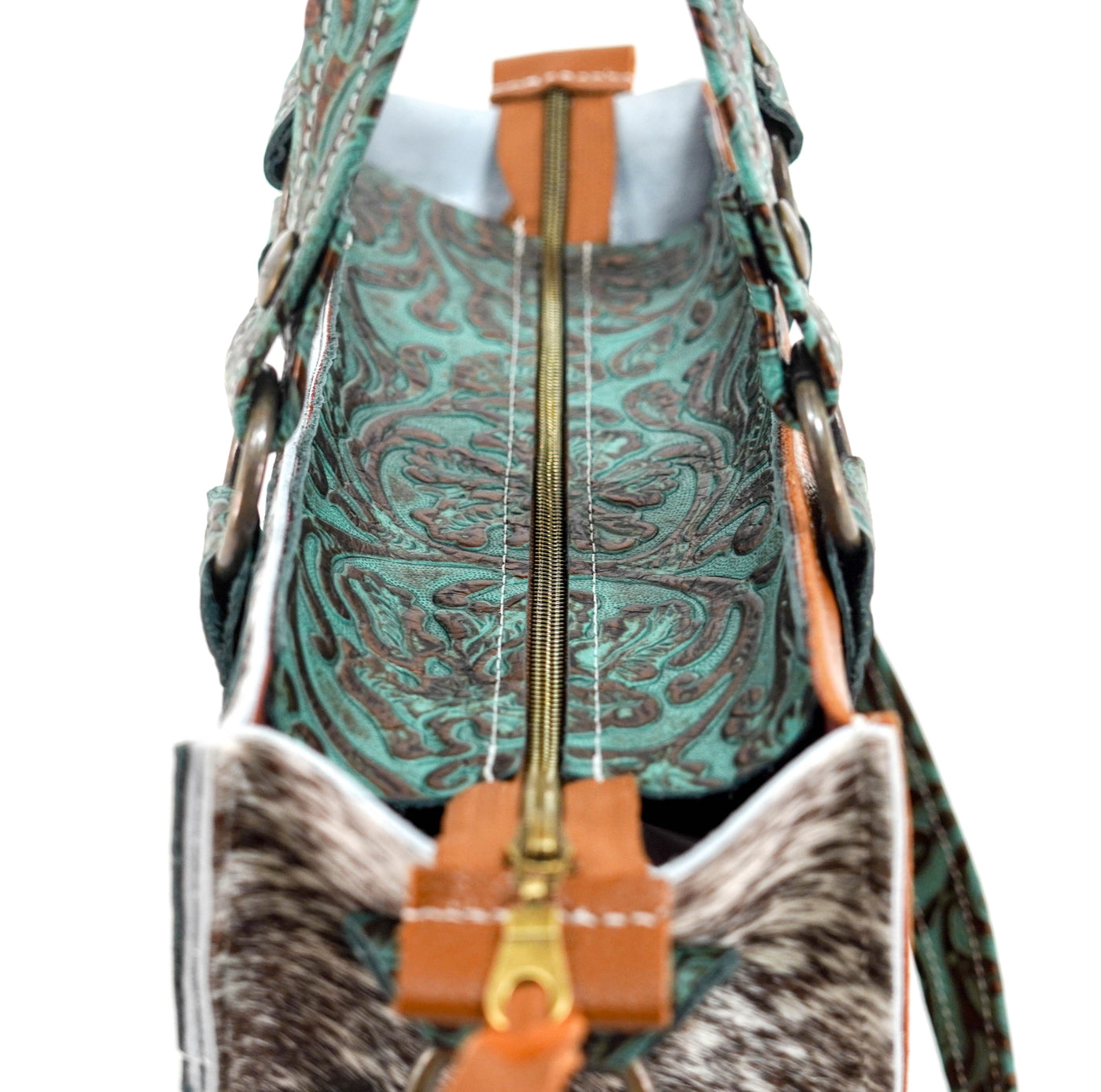 Minnie Pearl - Chocolate & White w/ Lagoon tool-Minnie Pearl-Western-Cowhide-Bags-Handmade-Products-Gifts-Dancing Cactus Designs