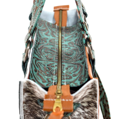Minnie Pearl - Chocolate & White w/ Lagoon tool-Minnie Pearl-Western-Cowhide-Bags-Handmade-Products-Gifts-Dancing Cactus Designs