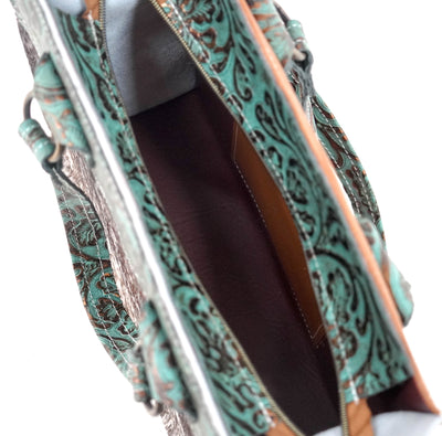 Minnie Pearl - Chocolate & White w/ Lagoon tool-Minnie Pearl-Western-Cowhide-Bags-Handmade-Products-Gifts-Dancing Cactus Designs