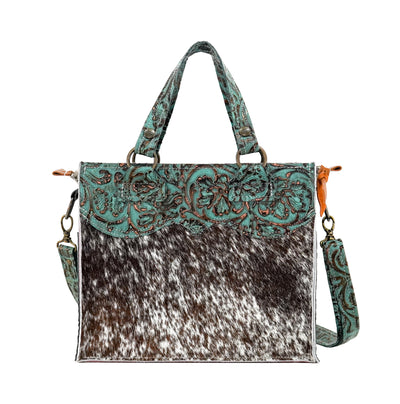 Minnie Pearl - Chocolate & White w/ Lagoon tool-Minnie Pearl-Western-Cowhide-Bags-Handmade-Products-Gifts-Dancing Cactus Designs