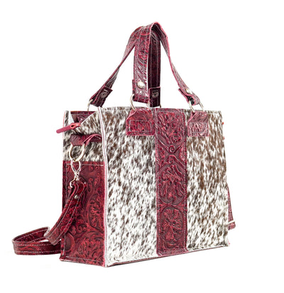 Minnie Pearl - Chocolate & White w/ Red Tool-Minnie Pearl-Western-Cowhide-Bags-Handmade-Products-Gifts-Dancing Cactus Designs
