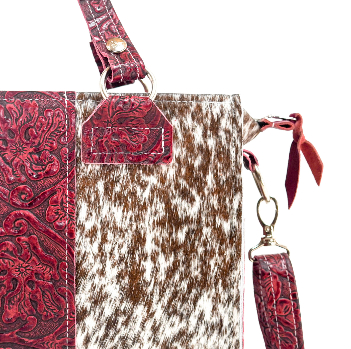 Minnie Pearl - Chocolate & White w/ Red Tool-Minnie Pearl-Western-Cowhide-Bags-Handmade-Products-Gifts-Dancing Cactus Designs