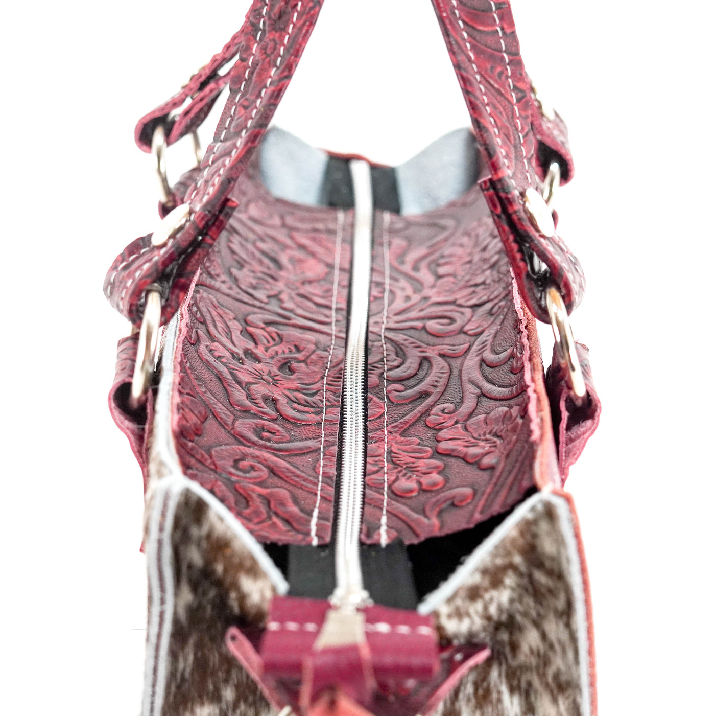 Minnie Pearl - Chocolate & White w/ Red Tool-Minnie Pearl-Western-Cowhide-Bags-Handmade-Products-Gifts-Dancing Cactus Designs