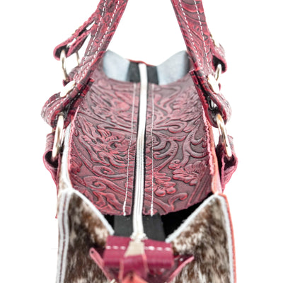 Minnie Pearl - Chocolate & White w/ Red Tool-Minnie Pearl-Western-Cowhide-Bags-Handmade-Products-Gifts-Dancing Cactus Designs