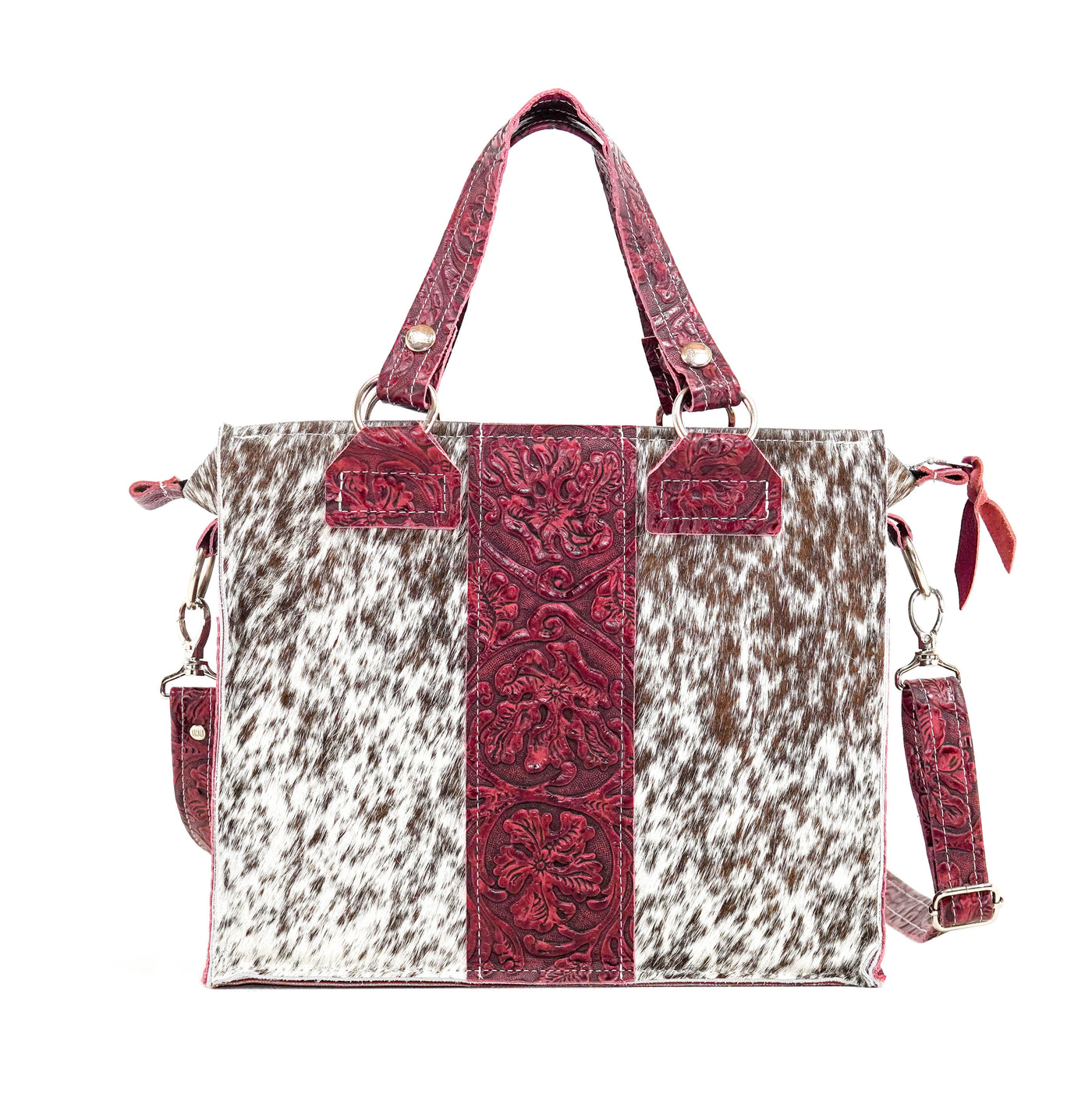 Minnie Pearl - Chocolate & White w/ Red Tool-Minnie Pearl-Western-Cowhide-Bags-Handmade-Products-Gifts-Dancing Cactus Designs