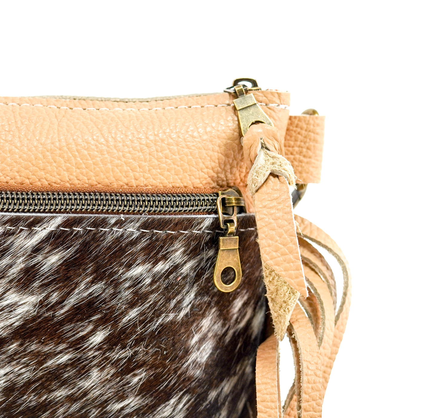 Miss Kitty - Chocolate & White w/ Camel Leather-Miss Kitty-Western-Cowhide-Bags-Handmade-Products-Gifts-Dancing Cactus Designs
