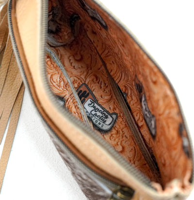 Miss Kitty - Chocolate & White w/ Camel Leather-Miss Kitty-Western-Cowhide-Bags-Handmade-Products-Gifts-Dancing Cactus Designs