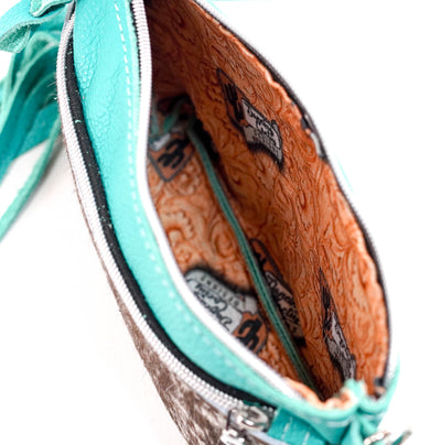 Miss Kitty - Chocolate & White w/ Turquoise Leather-Miss Kitty-Western-Cowhide-Bags-Handmade-Products-Gifts-Dancing Cactus Designs