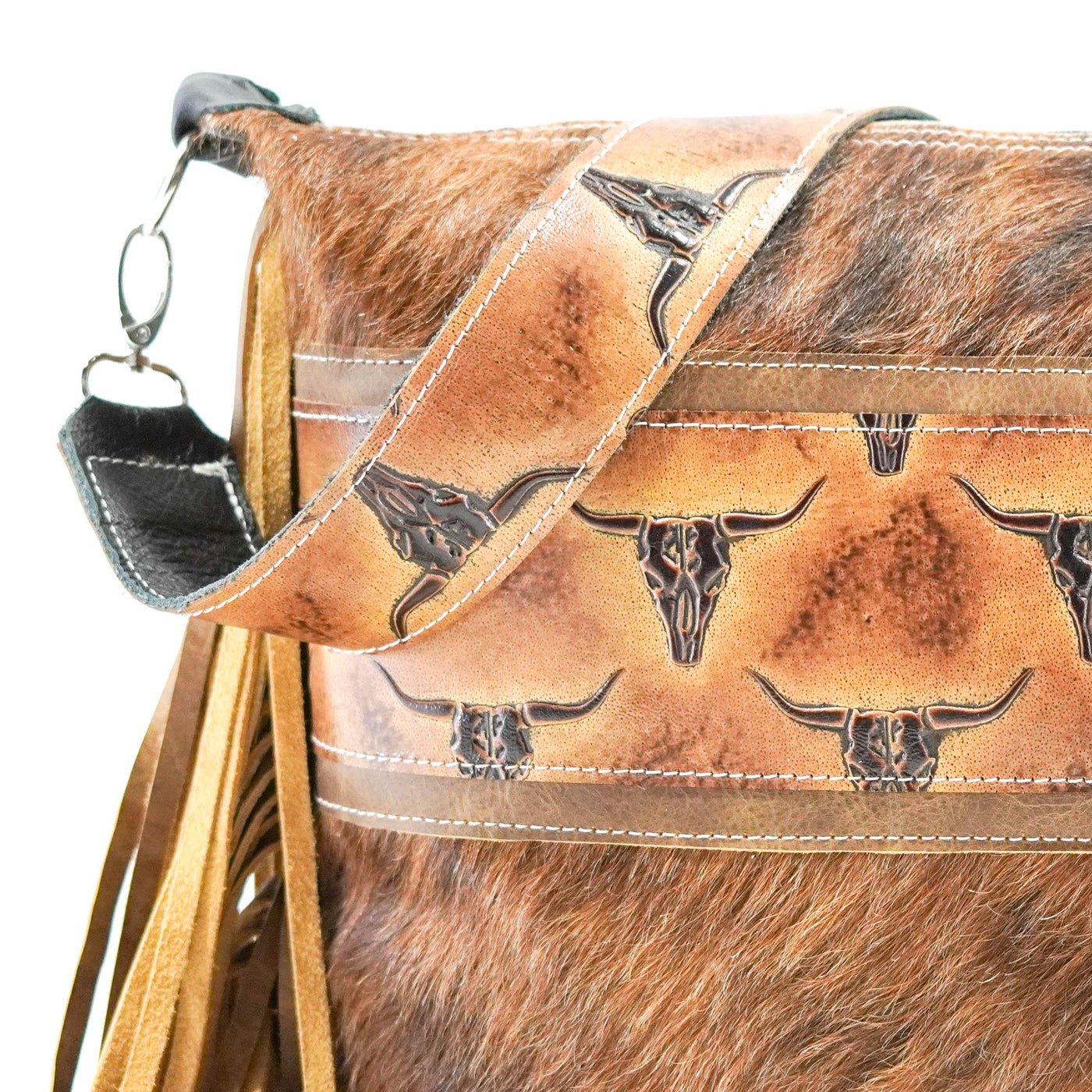 Oakley - Brindle w/ Sepia Skulls-Oakley-Western-Cowhide-Bags-Handmade-Products-Gifts-Dancing Cactus Designs