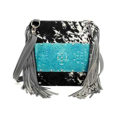 Shania - Black & White w/ Blue Croc-Shania-Western-Cowhide-Bags-Handmade-Products-Gifts-Dancing Cactus Designs