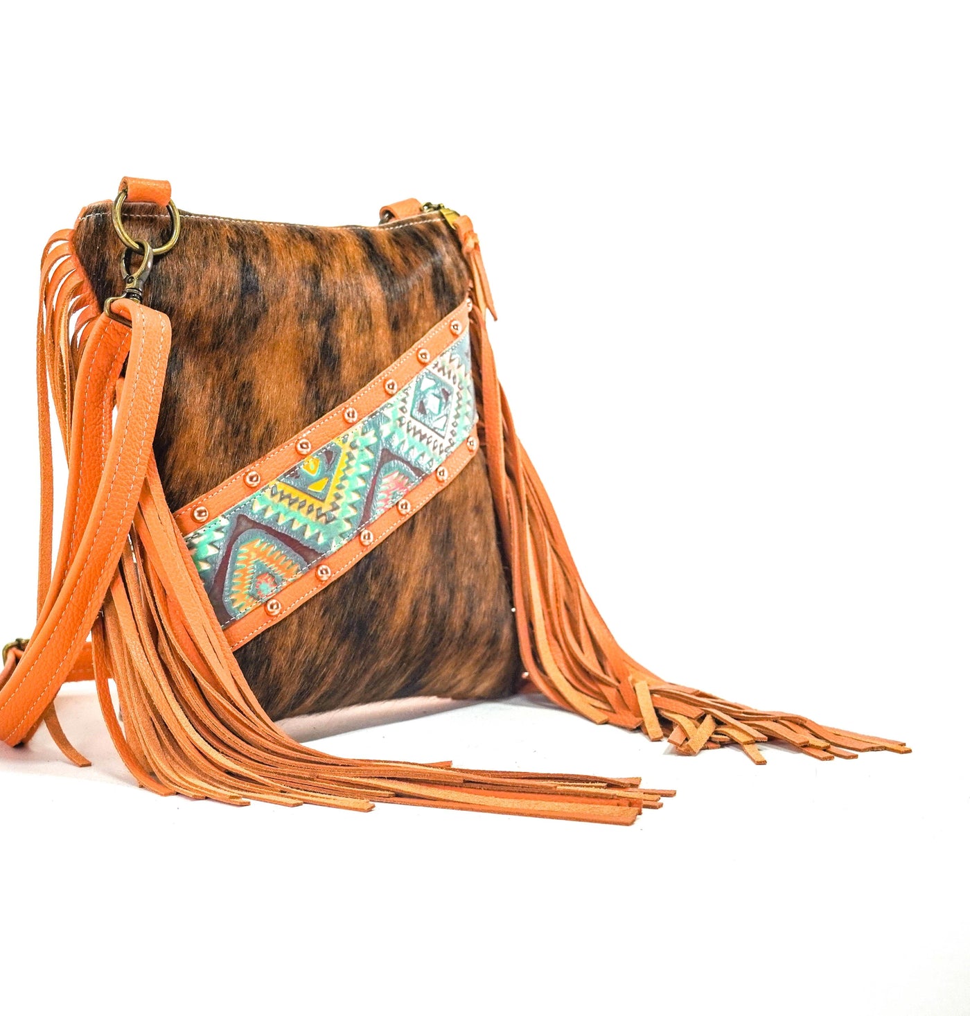 Shania - Brindle w/ Rainbow Aztec-Shania-Western-Cowhide-Bags-Handmade-Products-Gifts-Dancing Cactus Designs