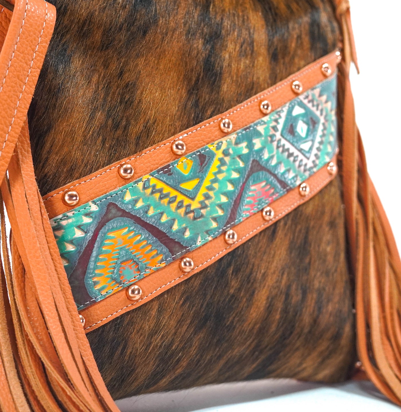 Shania - Brindle w/ Rainbow Aztec-Shania-Western-Cowhide-Bags-Handmade-Products-Gifts-Dancing Cactus Designs