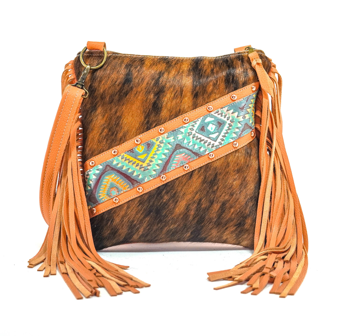 Shania - Brindle w/ Rainbow Aztec-Shania-Western-Cowhide-Bags-Handmade-Products-Gifts-Dancing Cactus Designs