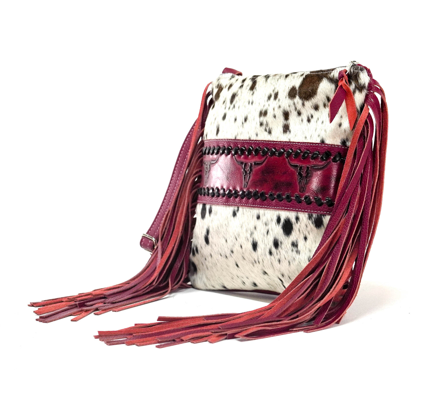 Shania - Chocolate & White w/ Red Skulls-Shania-Western-Cowhide-Bags-Handmade-Products-Gifts-Dancing Cactus Designs