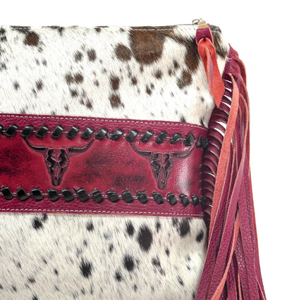 Shania - Chocolate & White w/ Red Skulls-Shania-Western-Cowhide-Bags-Handmade-Products-Gifts-Dancing Cactus Designs